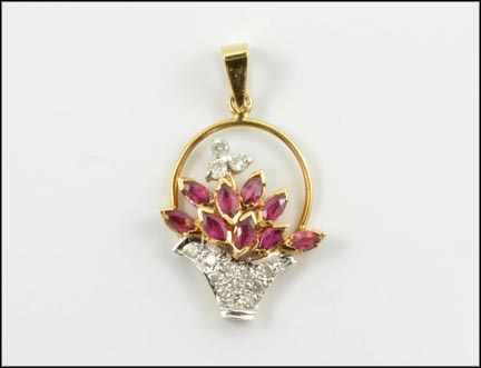 Marquise Cut Ruby and Diamond Basket Pendant in 14K Yellow Gold MAIN
