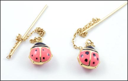 Pink Enamel Ladybug Earrings in 14K Yellow Gold MAIN