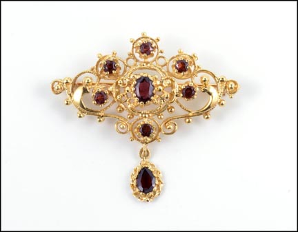 Oval and Round Cut Garnet Brooch in 14K Yellow Gold LARGE