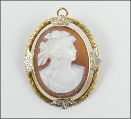 Brown Cameo Pendant or Brooch in 14K Yellow and White Gold LARGE