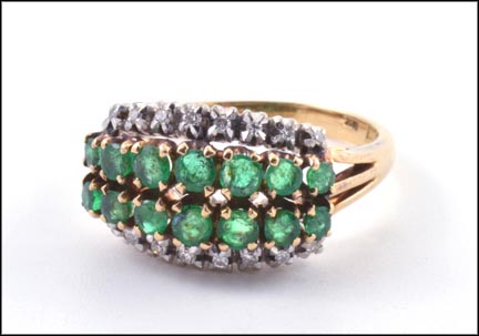 Emerald and Diamond Four Row Ring in Yellow Gold MAIN