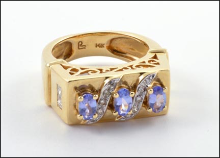Three Oval Tanzanite Ring in 14K Yellow Gold LARGE