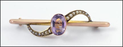 1890's Amethyst and Pearl Brooch in 9K Yellow Gold LARGE