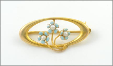 Three Flower Enamel Brooch in 10K Yellow Gold LARGE