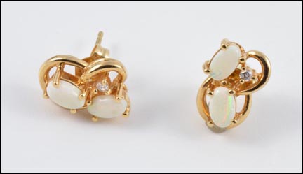 Two Oval Opal and Diamond Earrings in 14K Yellow Gold MAIN