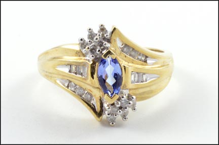 Marquise Cut Tanzanite and Diamond Baguette and Round Ring in 10K Yellow Gold MAIN