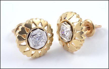 Round Brilliant Cut Center Diamond Heart Earrings in 10K Yellow Gold LARGE