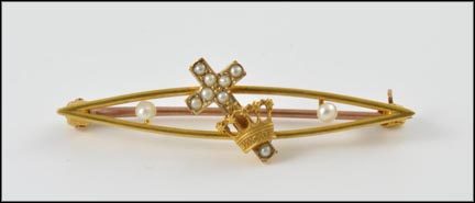 Victorian Seed Pearl Cross and Crown Pin in 10K Yellow Gold LARGE
