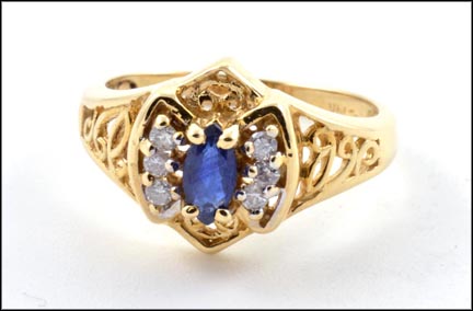 Marquise Cut Sapphire and Diamond Ring in 14K Yellow Gold LARGE