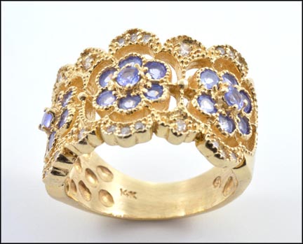 Floral Tanzanite and Diamond Wide Ring in 14K Yellow Gold LARGE