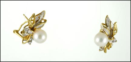 7 mm Pearl and Diamond Omega Back Earrings in 14K Yellow Gold LARGE