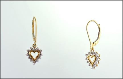Diamond Heart Drop Earrings in 10K Yellow Gold LARGE