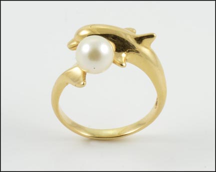 6.5 mm Pearl Dolphin Ring in 14K Yellow Gold LARGE