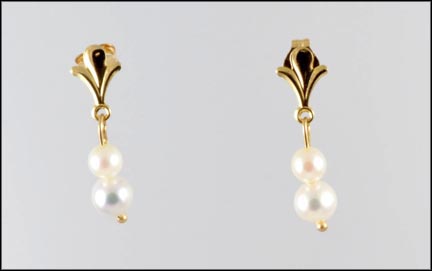 Two Pearl Drop Earrings in 14K Yellow Gold LARGE