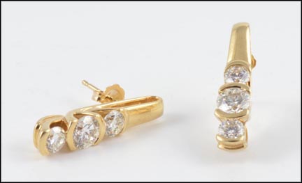 Half Bezel Three-Stone Diamond Earrings in 14K Yellow Gold LARGE