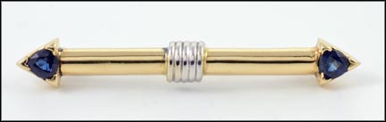 Two Trillion Cut Sapphire Bar Pin in 14K Yellow and White Gold LARGE