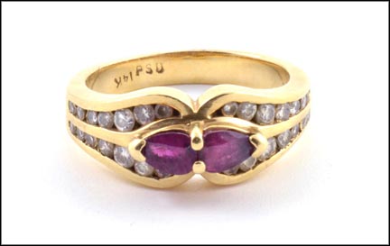 Two Pear Shaped Ruby and Diamond Ring in 14K Yellow Gold LARGE