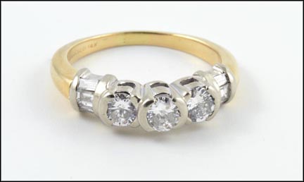 Round Brilliant Cut and Baguette Diamond Ring in 14K White and Yellow Gold LARGE