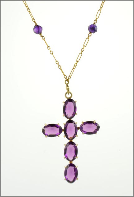 Victorian Amethyst Cross Necklace in 14K Yellow Gold LARGE