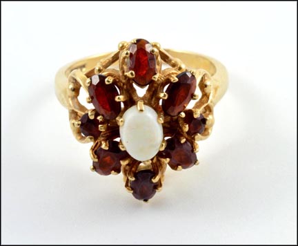Opal and Garnet Cluster Ring in 10K Yellow Gold LARGE