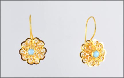 Turquoise Floral Wire Earrings in Yellow Gold MAIN
