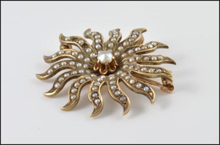 1890's Seed Pearl Sunburst Pin or Pendant in 10K Yellow Gold MAIN