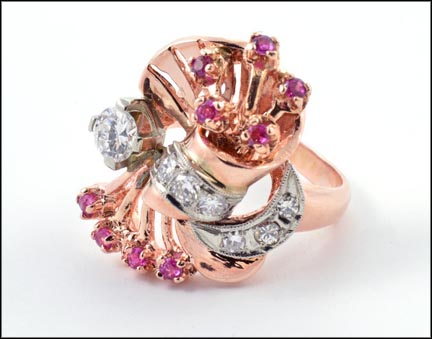 1935 Synthetic Red Stone and Diamond Ring in 14K Rose Gold LARGE
