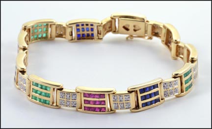 Ruby, Emerald, Diamond and Sapphire Bracelet in 14K Yellow Gold LARGE