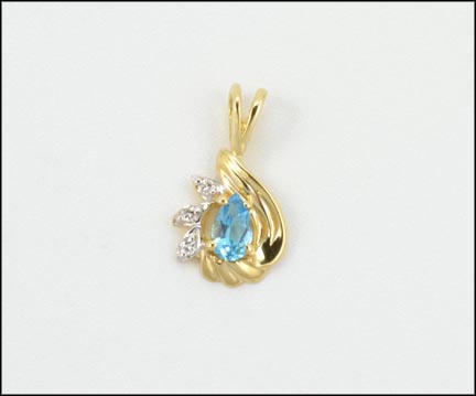 Pear Shaped Blue Topaz and Diamond Pendant in 14K Yellow Gold LARGE