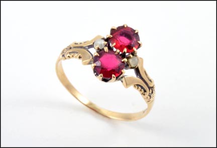 Victorian Red Glass Ring in 10K Yellow Gold LARGE