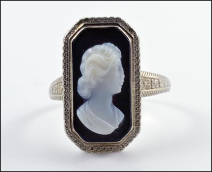 1890's Onyx Cameo Ring in 14K White Gold LARGE