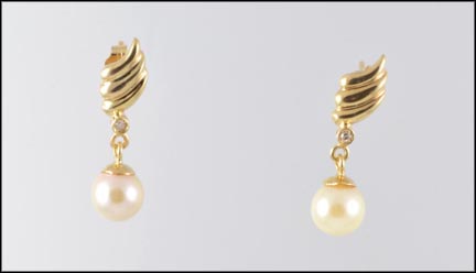 Pearl and Diamond Drop Earrings in 14K Yellow Gold LARGE