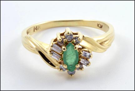 Marquise Cut Emerald and Diamond Ring in 14K Yellow Gold MAIN