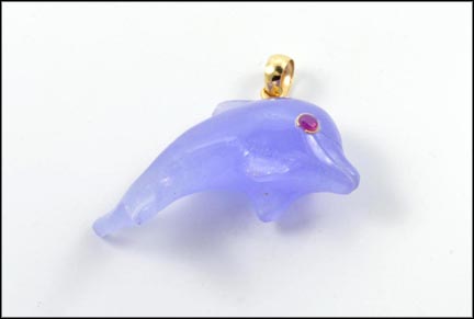 Jade Dolphin with Ruby Eye Pendant in Yellow Gold LARGE