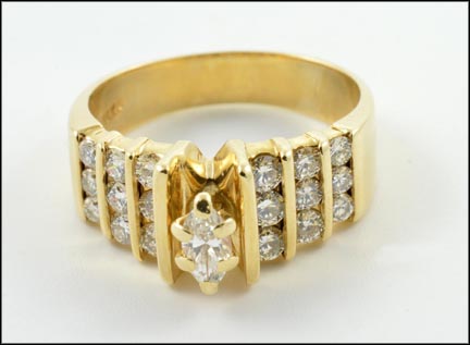 Marquise Cut and Round Brilliant Cut Diamond Channel Ring in 14K Yellow Gold LARGE
