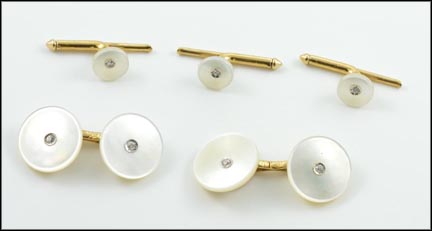 1915 Mother Of Pearl Tuxedo Studs and Cufflinks in 14K Yellow Gold LARGE