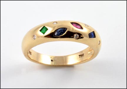 Diamond, Ruby, Emerald and Sapphire Ring in 14K Yellow Gold LARGE