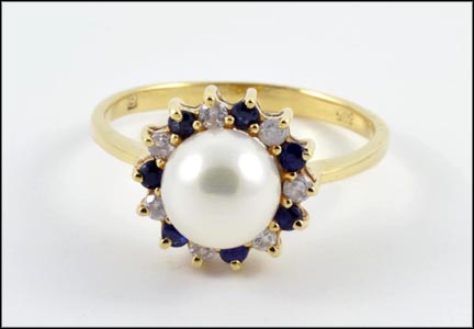Pearl Ring with Diamond and Sapphire Surround in 14K Yellow Gold LARGE