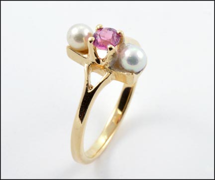 Pink Tourmaline and Pearl Ring in 14K Yellow Gold LARGE