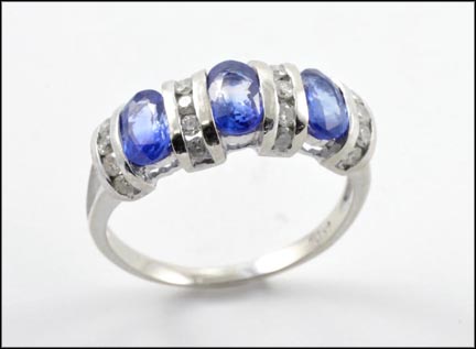 Three Sapphire and Diamond Ring in 14K White Gold LARGE