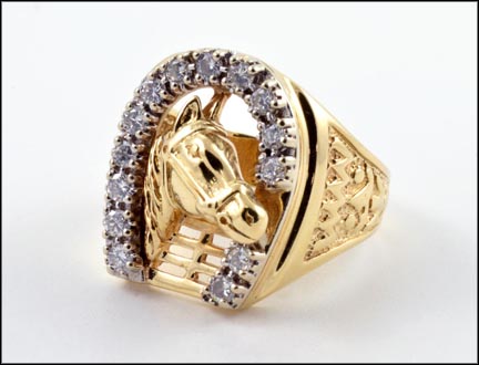 Horse and Horseshoe Diamond Ring in 14K Yellow Gold LARGE