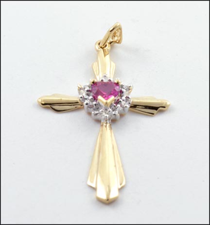 Synthetic Pink Stone and Diamond Cross Pendant in 10K Yellow Gold LARGE