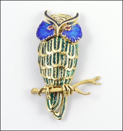 Ruby Enameled Owl Pin in Yellow Gold MAIN