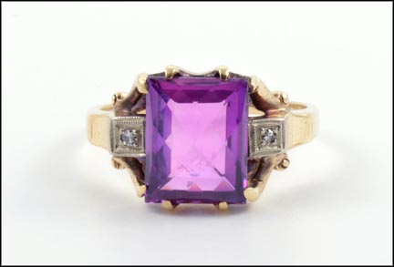 Synthetic Purple Stone and Diamond 1940's Ring in 10K Yellow Gold LARGE
