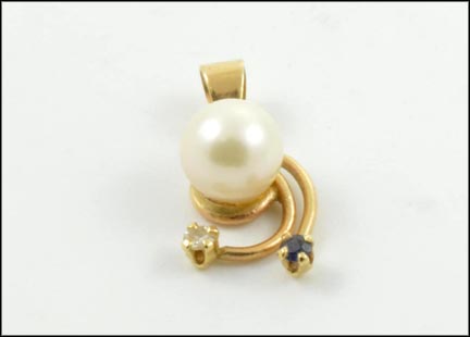 Pearl, Sapphire and Diamond Pendant in 14K Yellow Gold MAIN