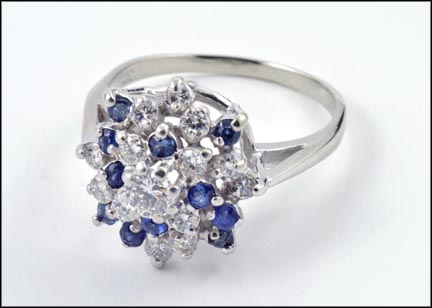Sapphire and Diamond Cluster Ring in 14K White Gold LARGE