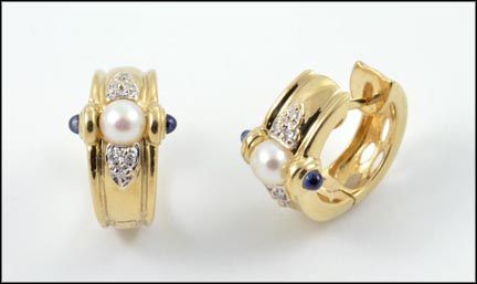 Pearl, Diamond and Sapphire Huggies Earrings in 14K Yellow Gold LARGE