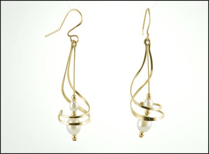 Swirl and Pearl Dangle Earrings in Yellow Gold LARGE
