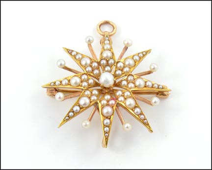1890's Pearl Starburst Brooch or Pendant in 14K Yellow Gold MAIN