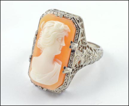 1920's Filigree Cameo Ring in 14K White Gold LARGE